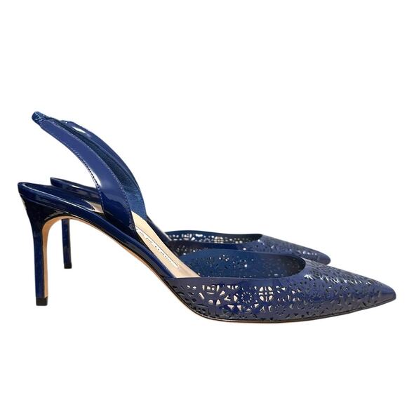 Manolo Blahnik Carolyne Navy Blue Patent Leather Pointed Toe Slingback Pump 39.5 - Picture 10 of 10
